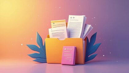Illustration of file folder with learning documents. Folder contains notes textbooks, certificates. Conceptual image for education courses studying business training. Trendy design with gradient