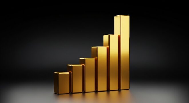3D render of an ascending golden bar graph symbolizing positive business growth - Powered by Adobe