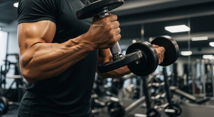 Close-up of a muscular man's arm holding heavy dumbbells during strength training at the gym