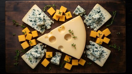 A rustic wooden board filled with an assortment of gourmet cheese, including blue cheese, swiss, and cheddar