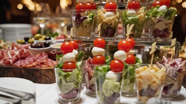 Charcuterie board with sliced meats, olives, cheese, bread, and jars of skewers on a festive table.!