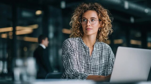Focused Professional: An astute female professional, immersed in thought, gazes intently while working on her laptop in a sleek, modern office.