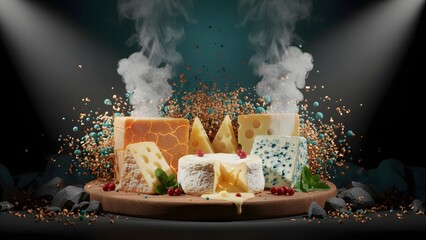 A dramatic display of various gourmet cheeses on a wooden board with smoke and particles