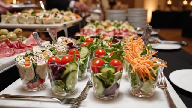 Elegant buffet of bite-size canap?s and layered salads served in crystal cups and skewers on a table