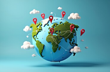 Illustration of a globe with location markers and clouds on blue. Globe shows connections between continents. Concept depicts global network travel destinations international business.
