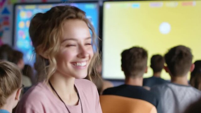 Teen Girl Presenting Energy Saving App to Classmates in Tech Classroom