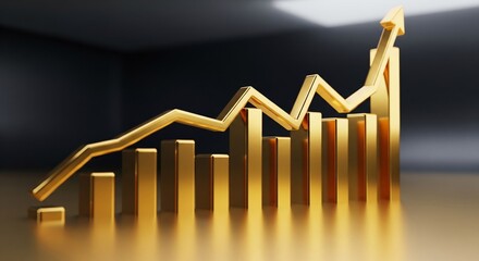 Shiny gold bar chart with a superimposed line graph showing strong financial growth and success.