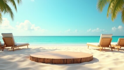 3d summer themed podium as empty rustic wooden table on vibrant sandy beach with sunbeds under bright midday sun turquoise sea backdrop calm vacation scene 