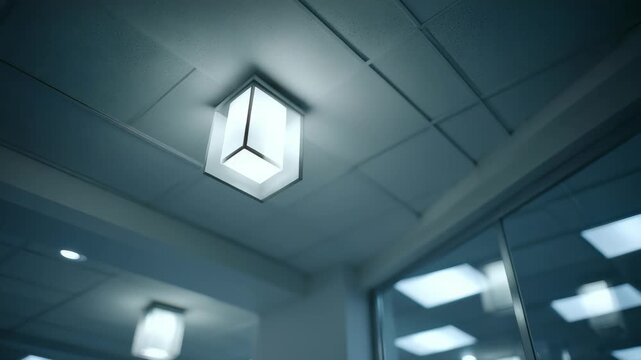 Modern ceiling light fixture with geometric design illuminating a contemporary office interior. Reflections of the light can be seen on the glass walls and ceiling panels