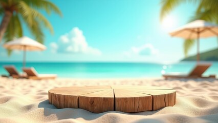 3d summer themed podium as empty rustic wooden table on vibrant sandy beach with sunbeds under bright midday sun turquoise sea backdrop calm vacation scene 