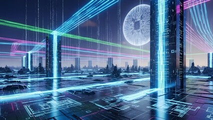 Futuristic Digital Data Network with Abstract Tech Shapes and Innovation Concept Background