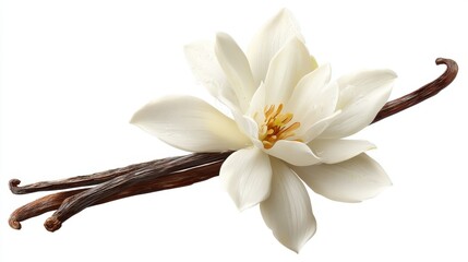 Elegant white flower with vanilla pods on white background.