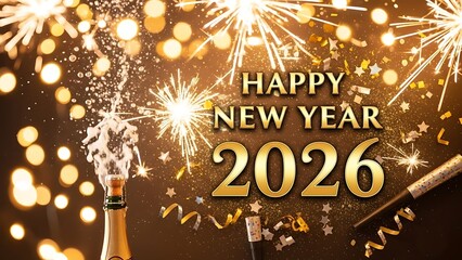 Celebrate Happy New Year 2026 with sparkling champagne and vibrant fireworks