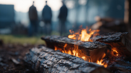 Close up of burning firewood with bright orange flames glowing warmly in outdoor setting, while three blurred people stand in background, creating cozy atmosphere