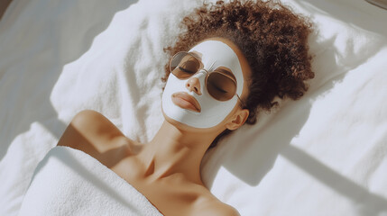 Young woman with curly hair relaxes on white towel wearing white facial mask and sunglasses, enjoying peaceful skincare moment in natural light