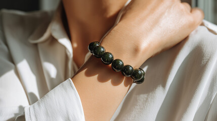 Close up of person wearing dark green beaded bracelet on their wrist, dressed in white shirt, with soft natural light highlighting smooth skin and shiny beads