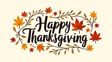 Flat vector art of “Happy Thanksgiving” lettering with scattered autumn leaves and branch elements, soft shadows, seasonal mood