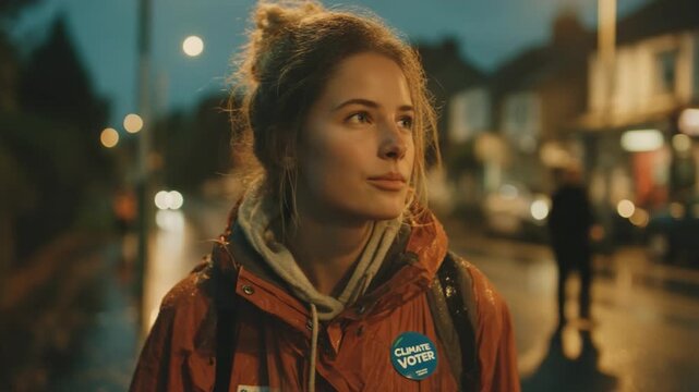 Empowering Teen Girl Prepares for Voting with Climate Voter Badge at Dawn
