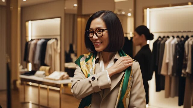 Woman examining a patterned scarf in a store