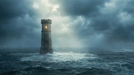 A conceptual image of watchtower in waves, representing deep loneliness and isolation.