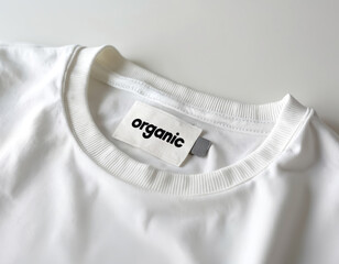 White cotton t-shirt. Close up of clothing with organic label on collar. Eco friendly apparel for conscious consumers. Simple minimalism fashion.
