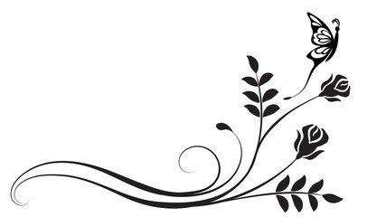 Floral corner ornament with roses flowers and butterfly. Text divider. Graceful decorative element for decor and text greeting or invitation card design.