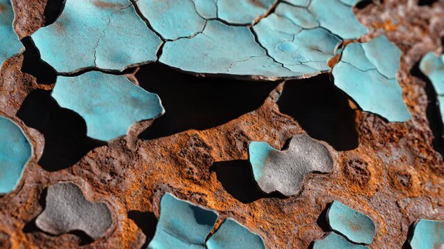 Peeling blue paint on rusted surface