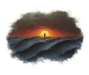 Silhouette of a lone figure standing on turbulent ocean waves at sunset under a dramatic cloudy sky, evoking solitude and contemplation