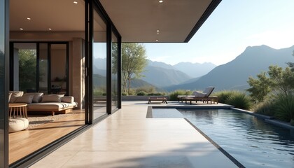 Naklejka premium Modern villa with outdoor living space. Exterior design features patio pool and mountain view. Luxury home with open glass doors. Relaxing space for recreation or leisure.