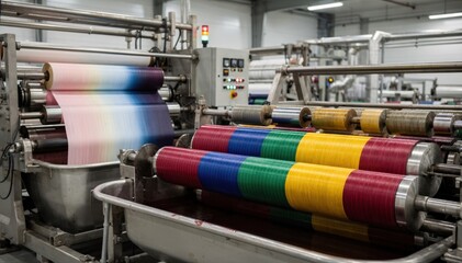 Continuous dyeing process of narrow fabric reels in a factory showing solid shade application on rotating spools with vibrant colors. Ombre dyeing technique on narrow fabric reels