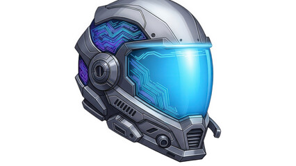 Futuristic silver helmet with glowing blue visor and circuit designs