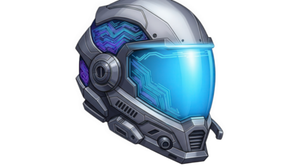 Futuristic silver helmet with glowing blue visor and circuit designs
