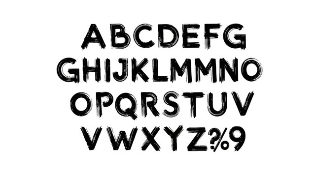 A black and white image displaying the English alphabet in a brush stroke font, including numbers and symbols.