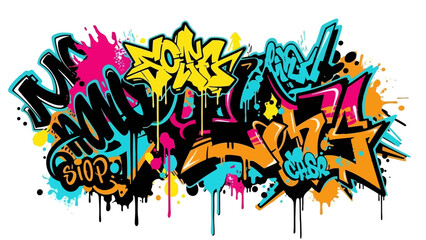 Colorful graffiti art with various words and abstract shapes, vibrant and expressive. © Mugi