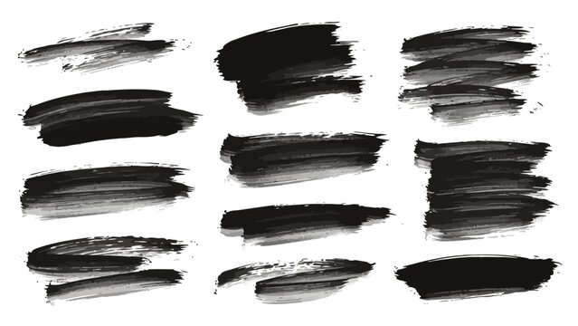 A collection of black brush stroke textures on a white background, showcasing various artistic paint marks.