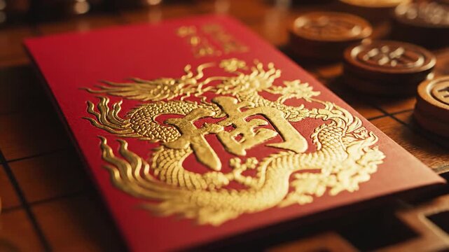 Golden Dragon Chinese New Year Red Envelope with Chinese Character for Prosperity on a Game Board