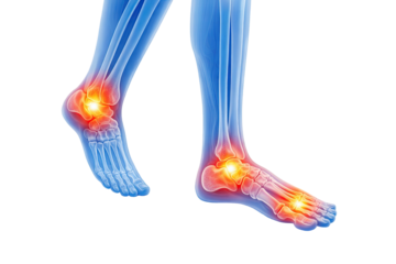 Human feet with transparent bones showing glowing ankle and foot joint inflammation and skeletal injury in medical anatomy isolated on white background