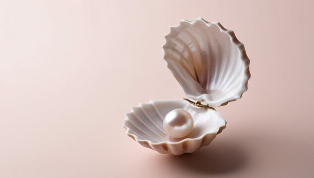 Elegant pearl in open seashell on soft pink background