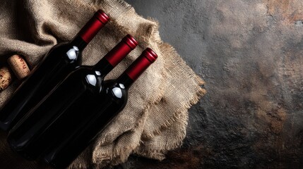 Three red wine bottles on rustic burlap with corks in an elegant setting.