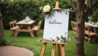 Welcome sign displayed on wooden easel at outdoor wedding reception. Floral decorations and plants add elegance to the scene. Wedding guests tables in background. Beautiful romantic event.