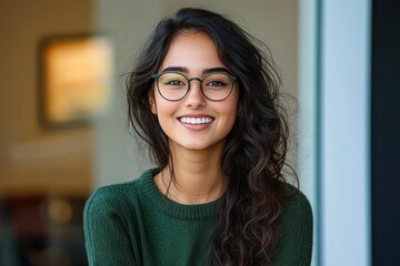young woman with long wavy dark hair in a green knit sweater seated indoors, calm and contemplative mood in soft natural light