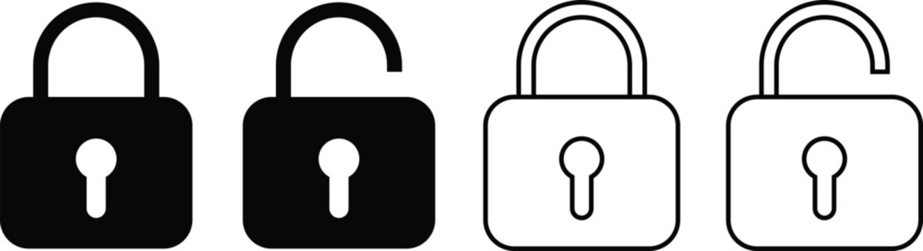 Lock unlock icon set. Security and protection symbols. Access markers sign. Privacy sign. Safety and digital access design
