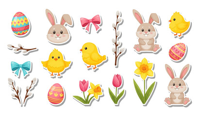 Cute Easter stickers vector set with eggs bunnies and chicks © MstNadiya