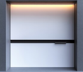 Obraz premium Minimalist recessed wall cabinet with two white panels, a horizontal black handle and warm top LED lighting conveying a sleek calm modern interior mood