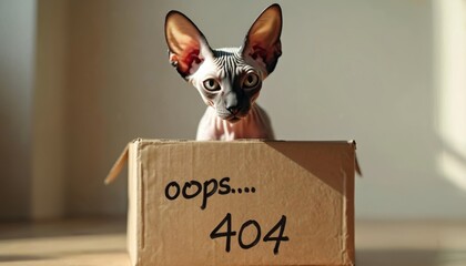 Sphynx cat looks out of carton box with 404 error message. Pet sits inside brown package on floor. Funny kitten with big ears makes curious face.