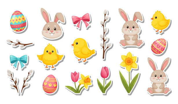 Cute Easter stickers vector set with eggs bunnies and chicks