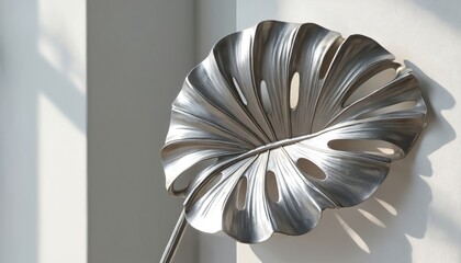 Silver metal monstera leaf hangs on wall. Wall art sculpture presents modern design. Light, shadow play across decor. Minimal interior decoration. Stylish metallic craft unique handmade leaf artwork.