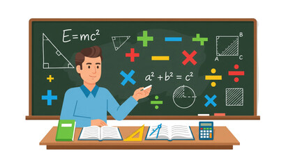 Math teacher with formulas and math tools vector illustration
