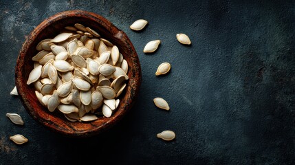 Rustic wooden bowl filled with pumpkin seeds on dark textured surface.