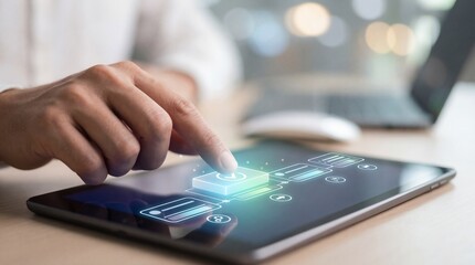 Innovative technology interaction closeup of hand touching tablet interface modern office digital engagement user experience